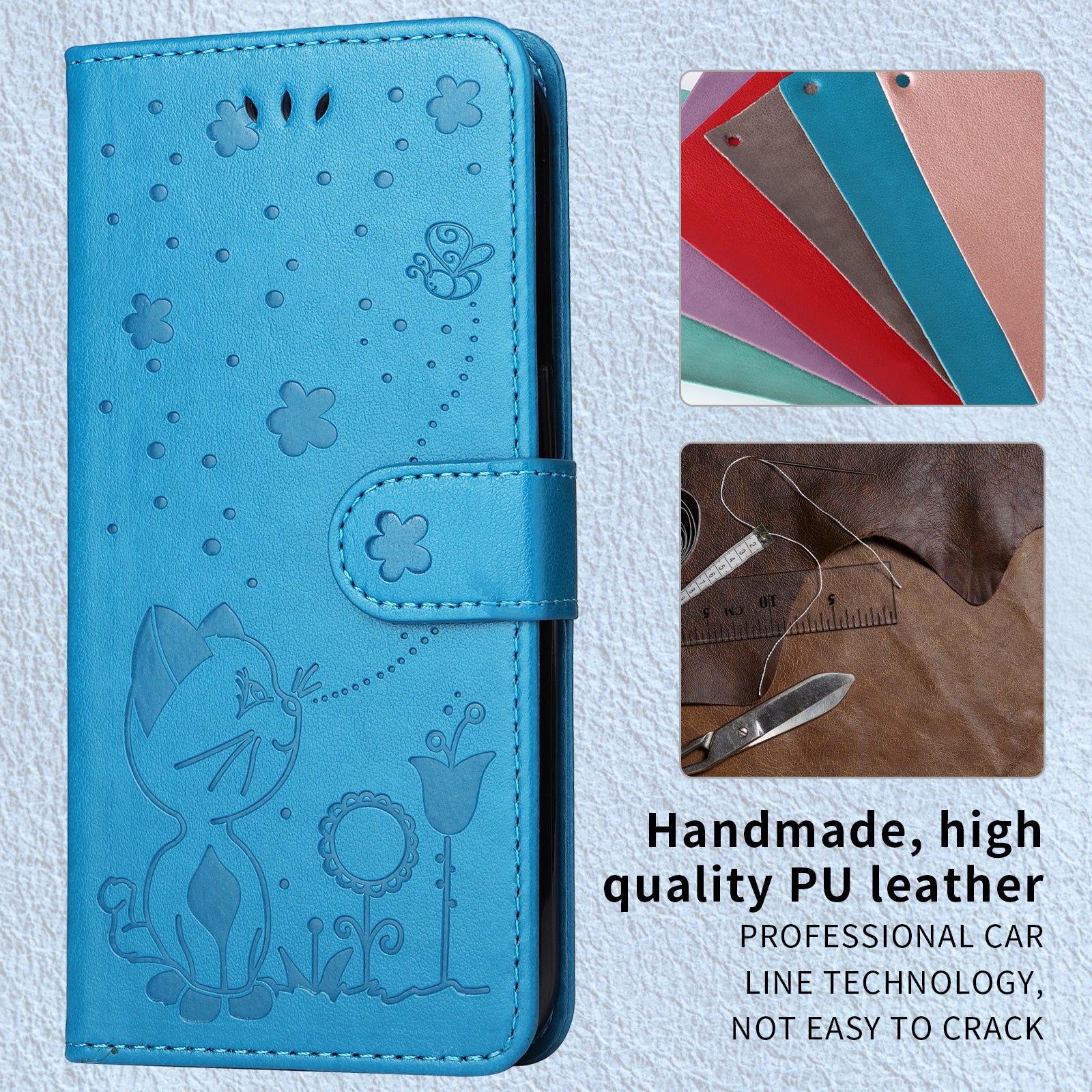 For-Samsung-Galaxy-S26-Ultra-Leather-Wallet-Case-Cat-Bee-Pattern-Phone-Cover-Stand-Blue