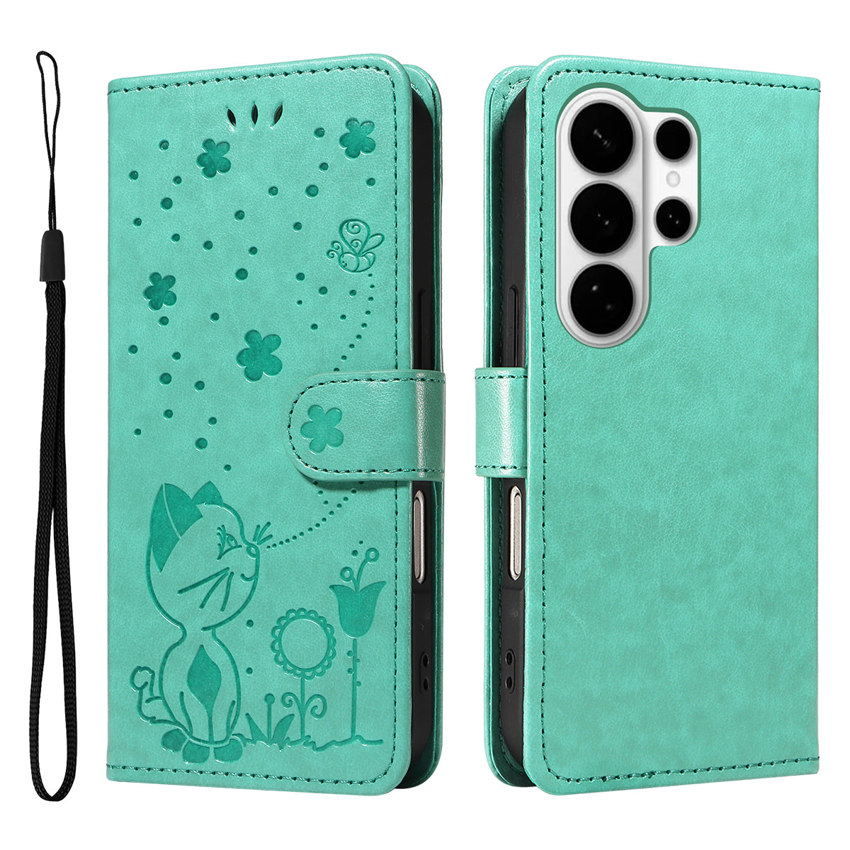 For-Samsung-Galaxy-S26-Ultra-Leather-Wallet-Case-Cat-Bee-Pattern-Phone-Cover-Stand-Green