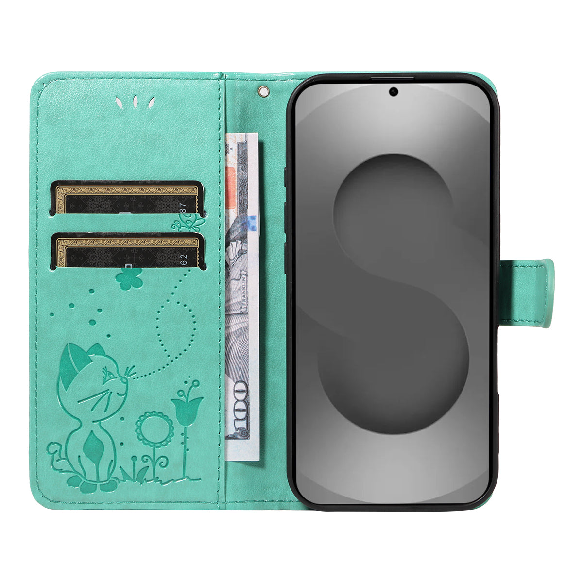 For-Samsung-Galaxy-S26-Ultra-Leather-Wallet-Case-Cat-Bee-Pattern-Phone-Cover-Stand-Green