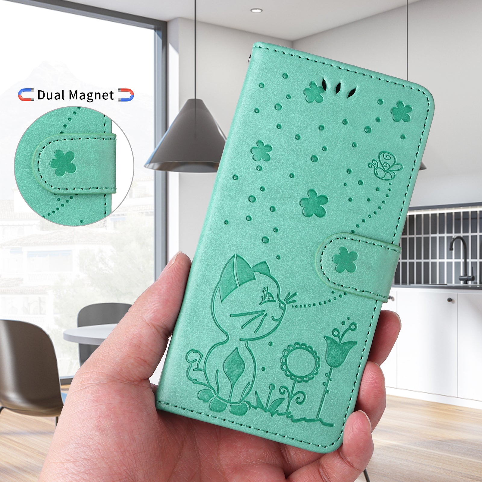 For-Samsung-Galaxy-S26-Ultra-Leather-Wallet-Case-Cat-Bee-Pattern-Phone-Cover-Stand-Green