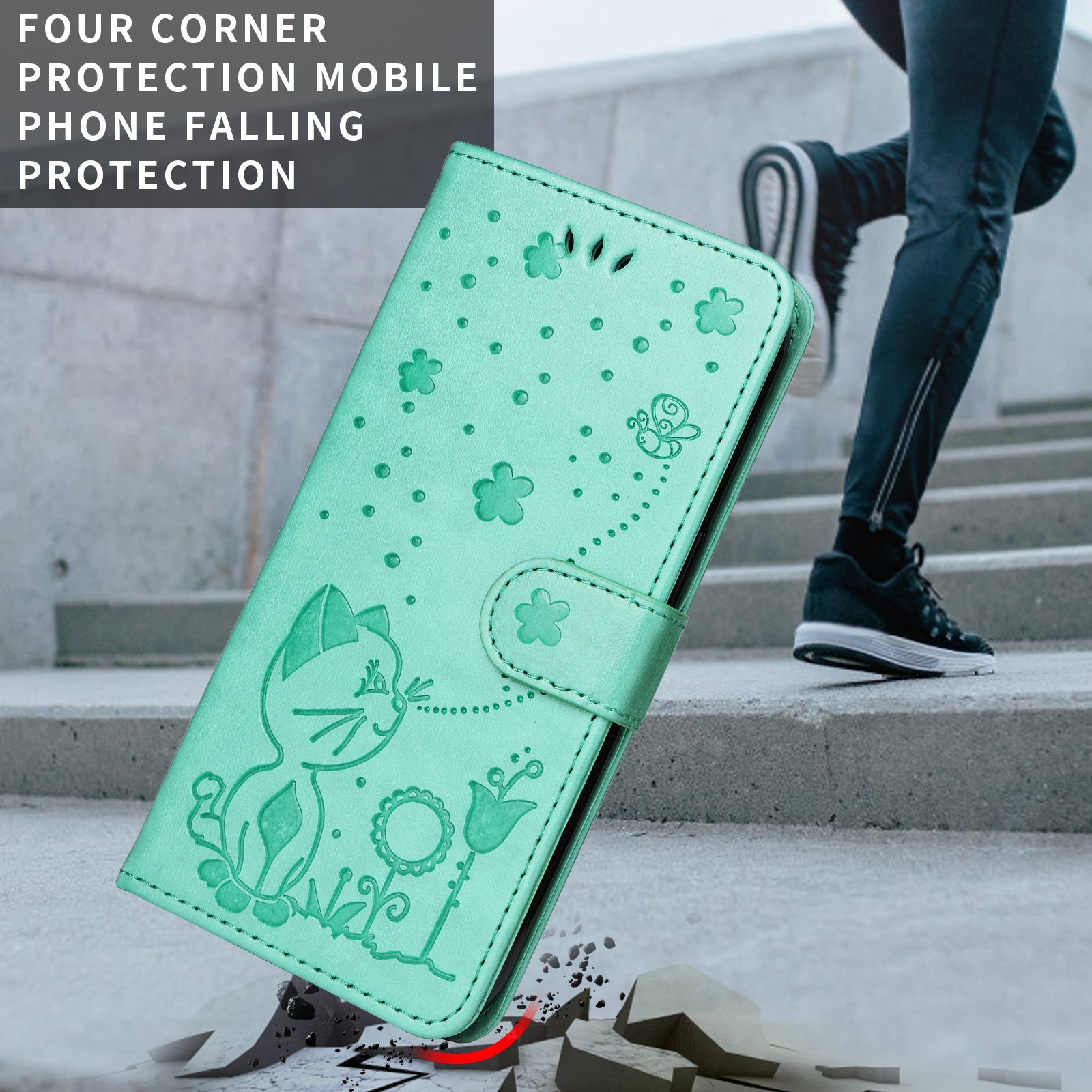 For-Samsung-Galaxy-S26-Ultra-Leather-Wallet-Case-Cat-Bee-Pattern-Phone-Cover-Stand-Green