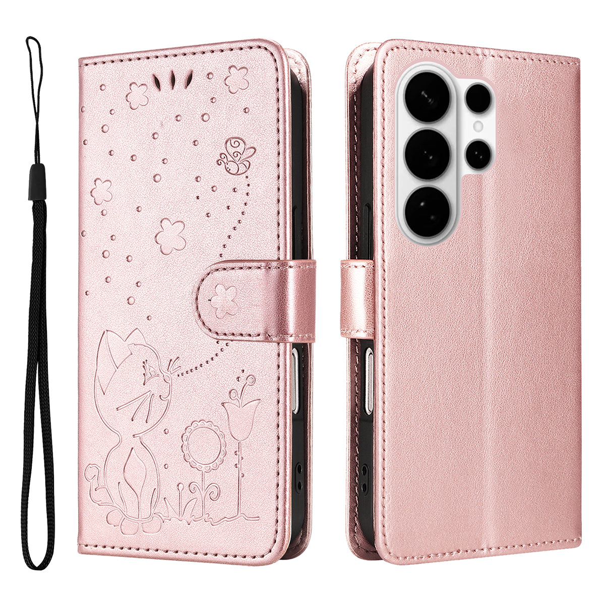 For-Samsung-Galaxy-S26-Ultra-Leather-Wallet-Case-Cat-Bee-Pattern-Phone-Cover-Stand-Rose-Gold