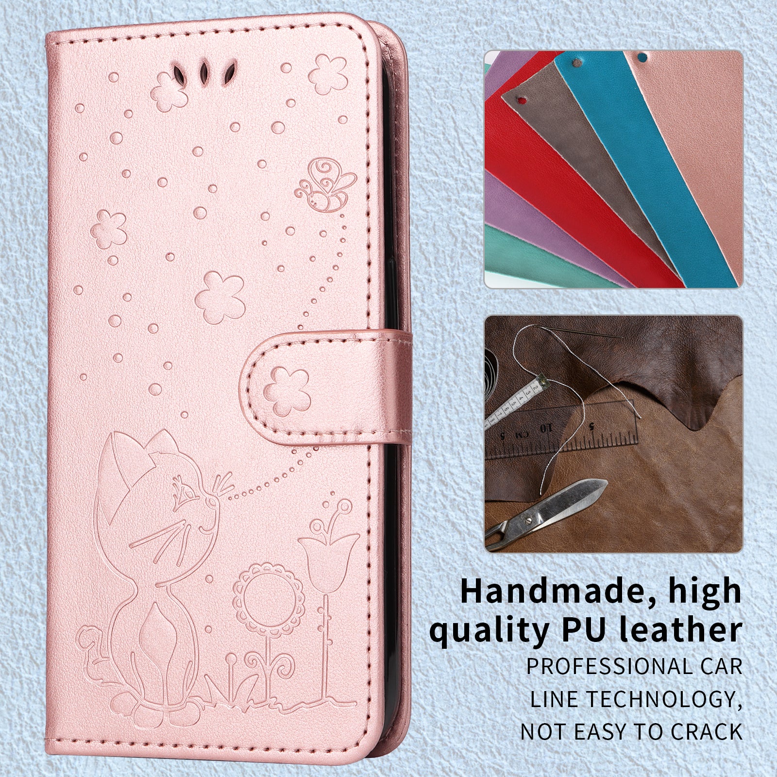 For-Samsung-Galaxy-S26-Ultra-Leather-Wallet-Case-Cat-Bee-Pattern-Phone-Cover-Stand-Rose-Gold
