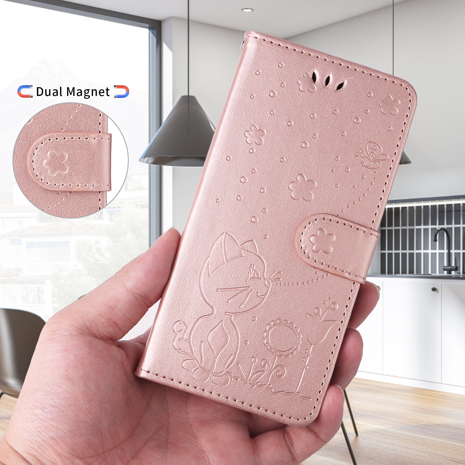 For-Samsung-Galaxy-S26-Ultra-Leather-Wallet-Case-Cat-Bee-Pattern-Phone-Cover-Stand-Rose-Gold