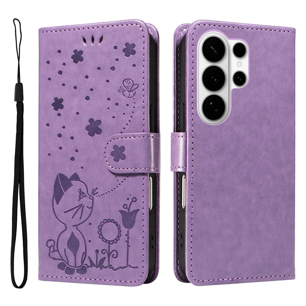 For-Samsung-Galaxy-S26-Ultra-Leather-Wallet-Case-Cat-Bee-Pattern-Phone-Cover-Stand-Purple