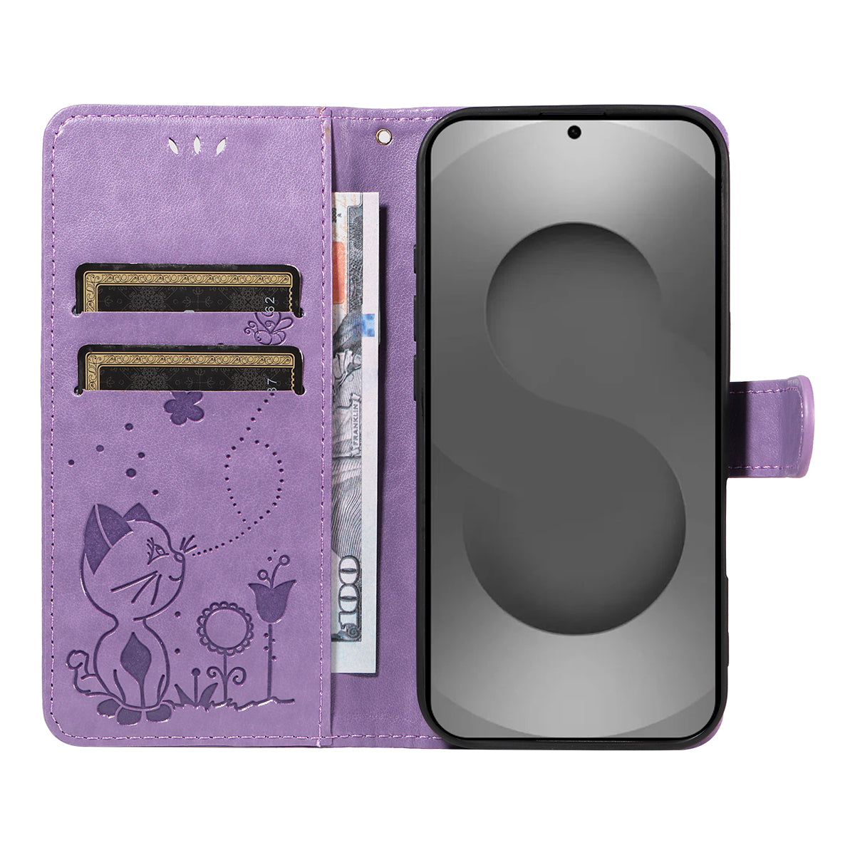 For-Samsung-Galaxy-S26-Ultra-Leather-Wallet-Case-Cat-Bee-Pattern-Phone-Cover-Stand-Purple