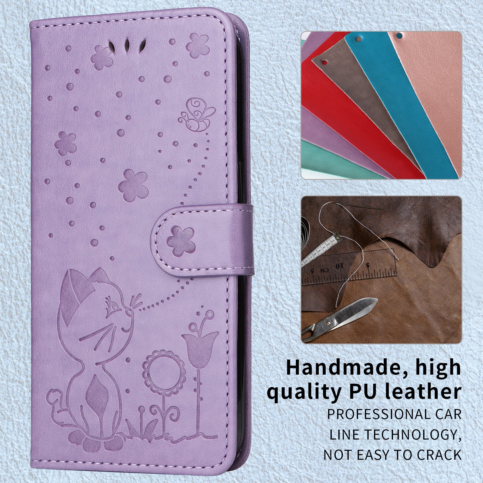 For-Samsung-Galaxy-S26-Ultra-Leather-Wallet-Case-Cat-Bee-Pattern-Phone-Cover-Stand-Purple