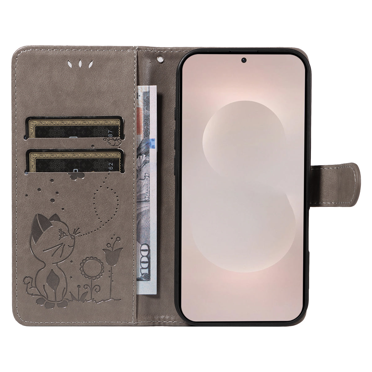 For-Samsung-Galaxy-S26-Edge-Leather-Wallet-Case-Cat-Bee-Pattern-Phone-Cover-Stand-Grey