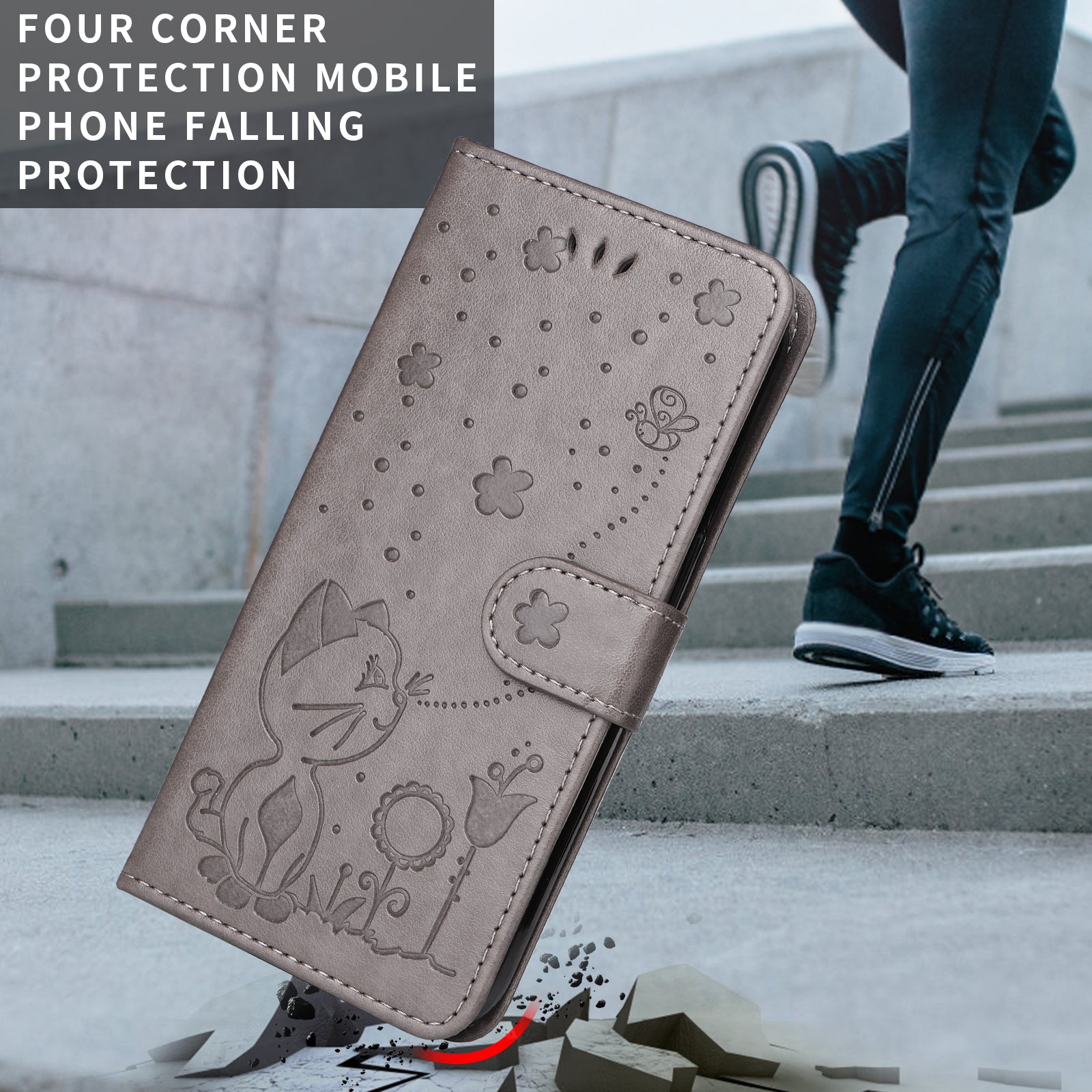 For-Samsung-Galaxy-S26-Edge-Leather-Wallet-Case-Cat-Bee-Pattern-Phone-Cover-Stand-Grey