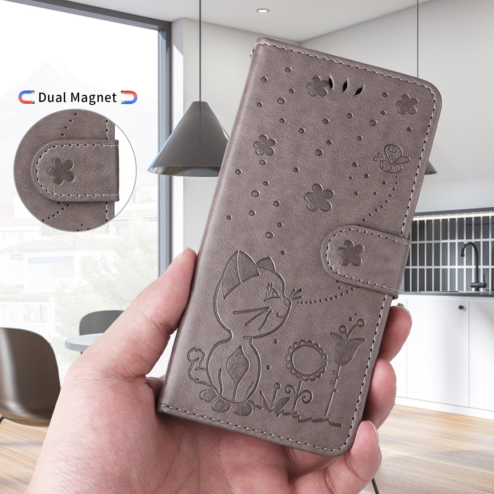 For-Samsung-Galaxy-S26-Edge-Leather-Wallet-Case-Cat-Bee-Pattern-Phone-Cover-Stand-Grey