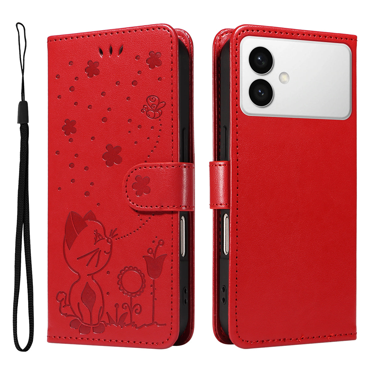 For-Samsung-Galaxy-S26-Edge-Leather-Wallet-Case-Cat-Bee-Pattern-Phone-Cover-Stand-Red