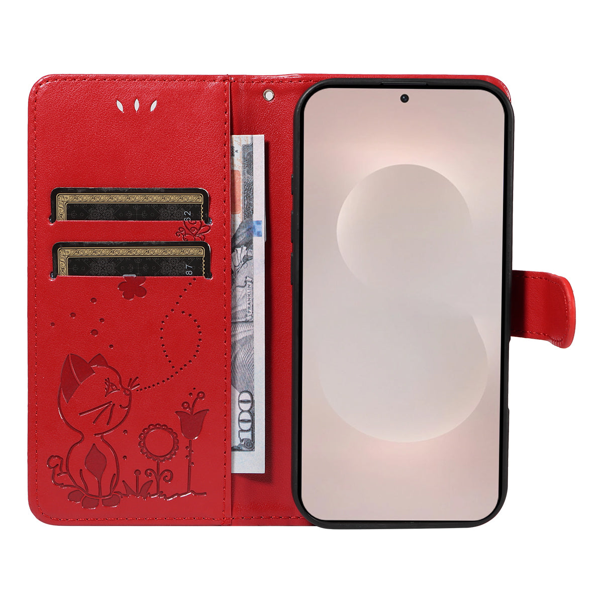 For-Samsung-Galaxy-S26-Edge-Leather-Wallet-Case-Cat-Bee-Pattern-Phone-Cover-Stand-Red