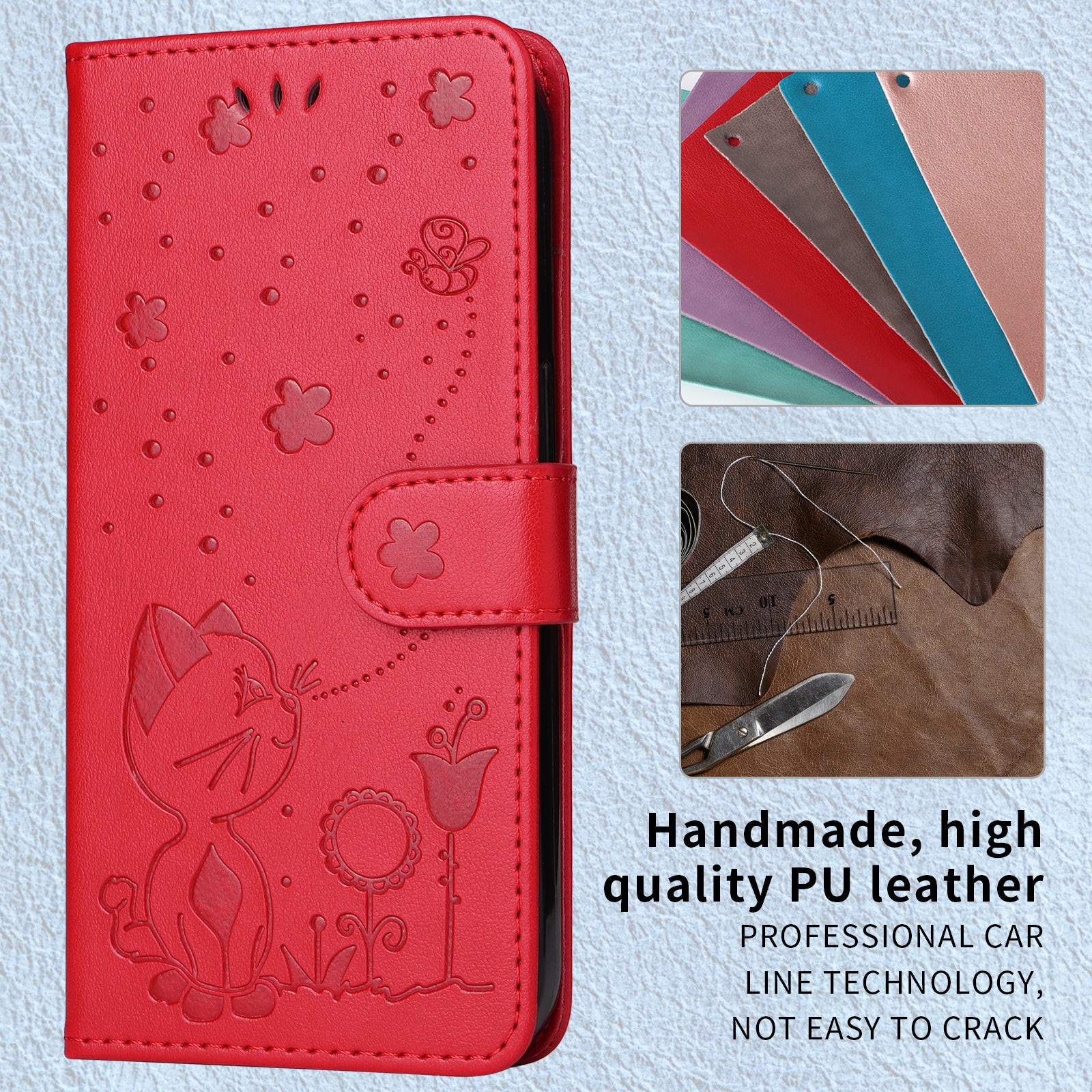 For-Samsung-Galaxy-S26-Edge-Leather-Wallet-Case-Cat-Bee-Pattern-Phone-Cover-Stand-Red