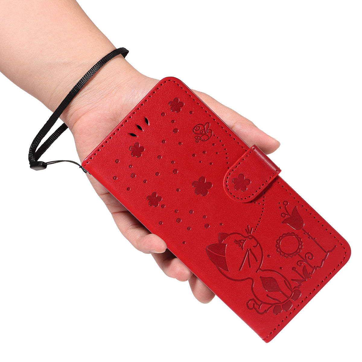 For-Samsung-Galaxy-S26-Edge-Leather-Wallet-Case-Cat-Bee-Pattern-Phone-Cover-Stand-Red