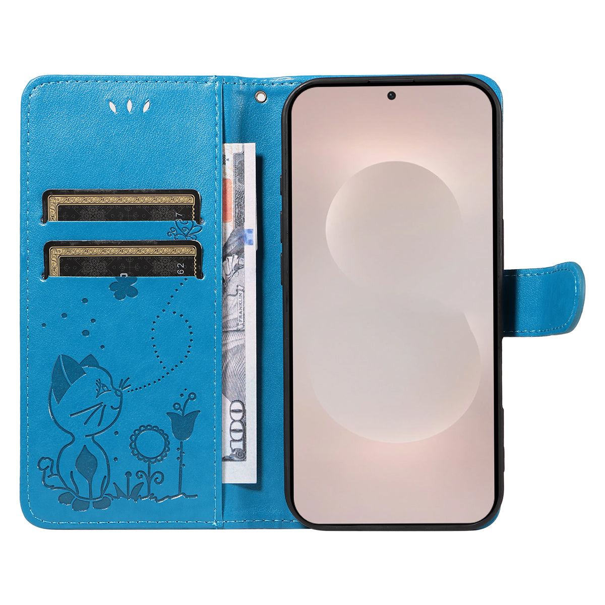 For-Samsung-Galaxy-S26-Edge-Leather-Wallet-Case-Cat-Bee-Pattern-Phone-Cover-Stand-Blue