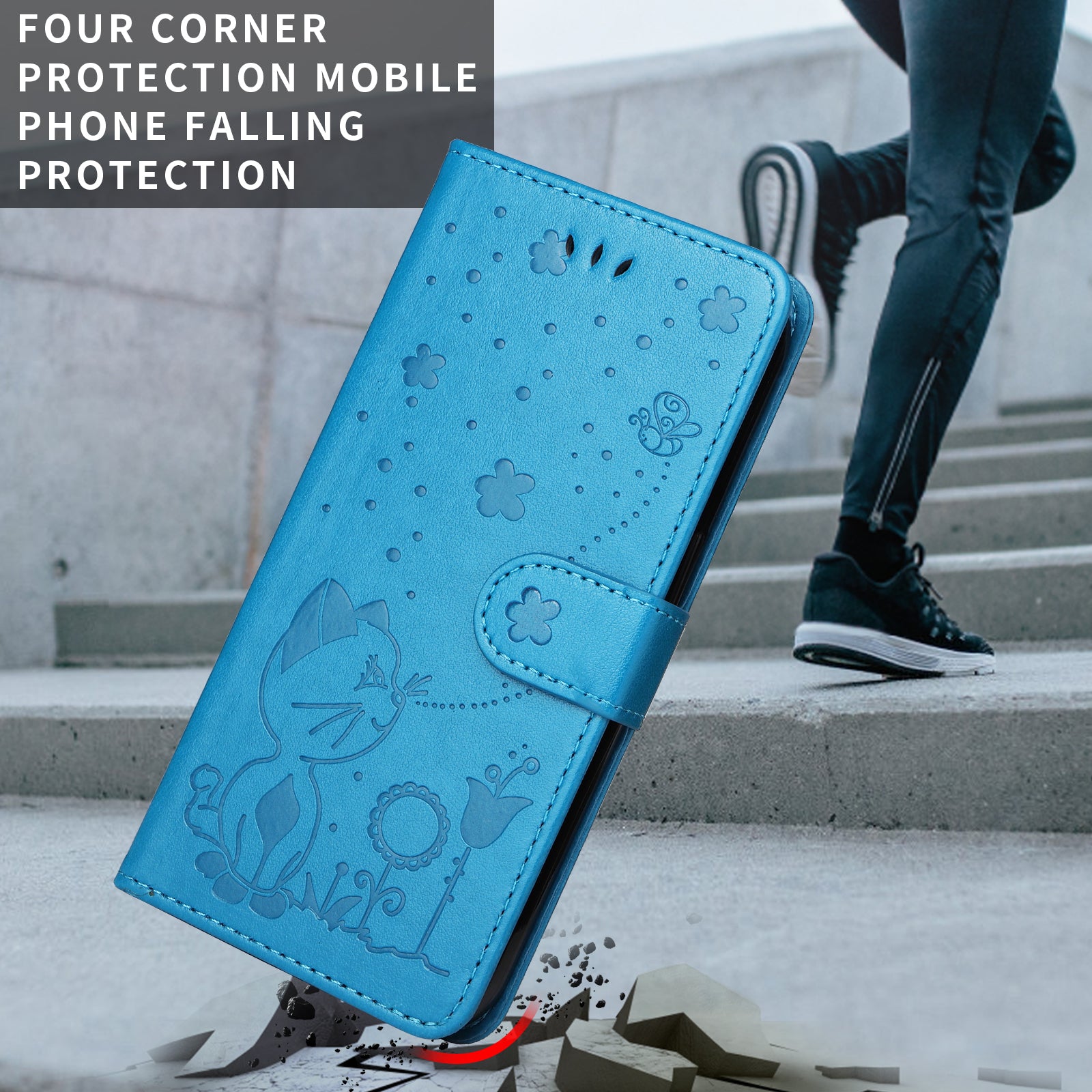 For-Samsung-Galaxy-S26-Edge-Leather-Wallet-Case-Cat-Bee-Pattern-Phone-Cover-Stand-Blue