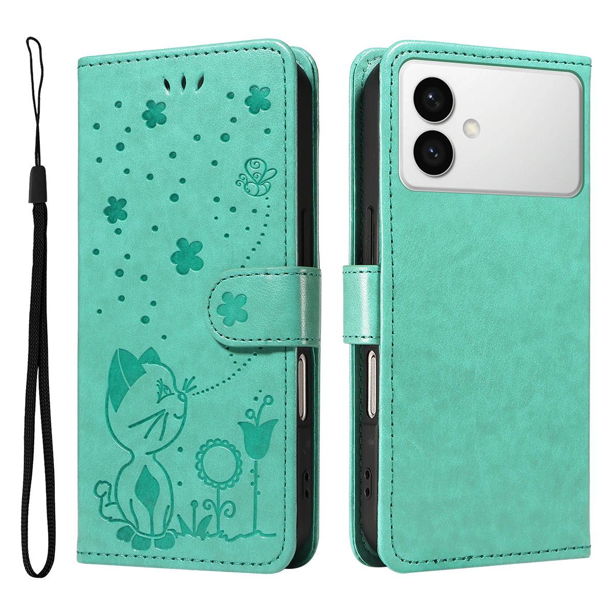 For-Samsung-Galaxy-S26-Edge-Leather-Wallet-Case-Cat-Bee-Pattern-Phone-Cover-Stand-Green