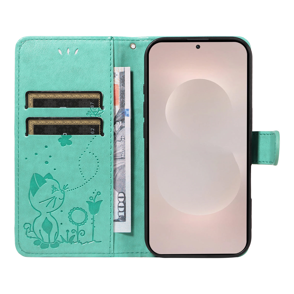 For-Samsung-Galaxy-S26-Edge-Leather-Wallet-Case-Cat-Bee-Pattern-Phone-Cover-Stand-Green