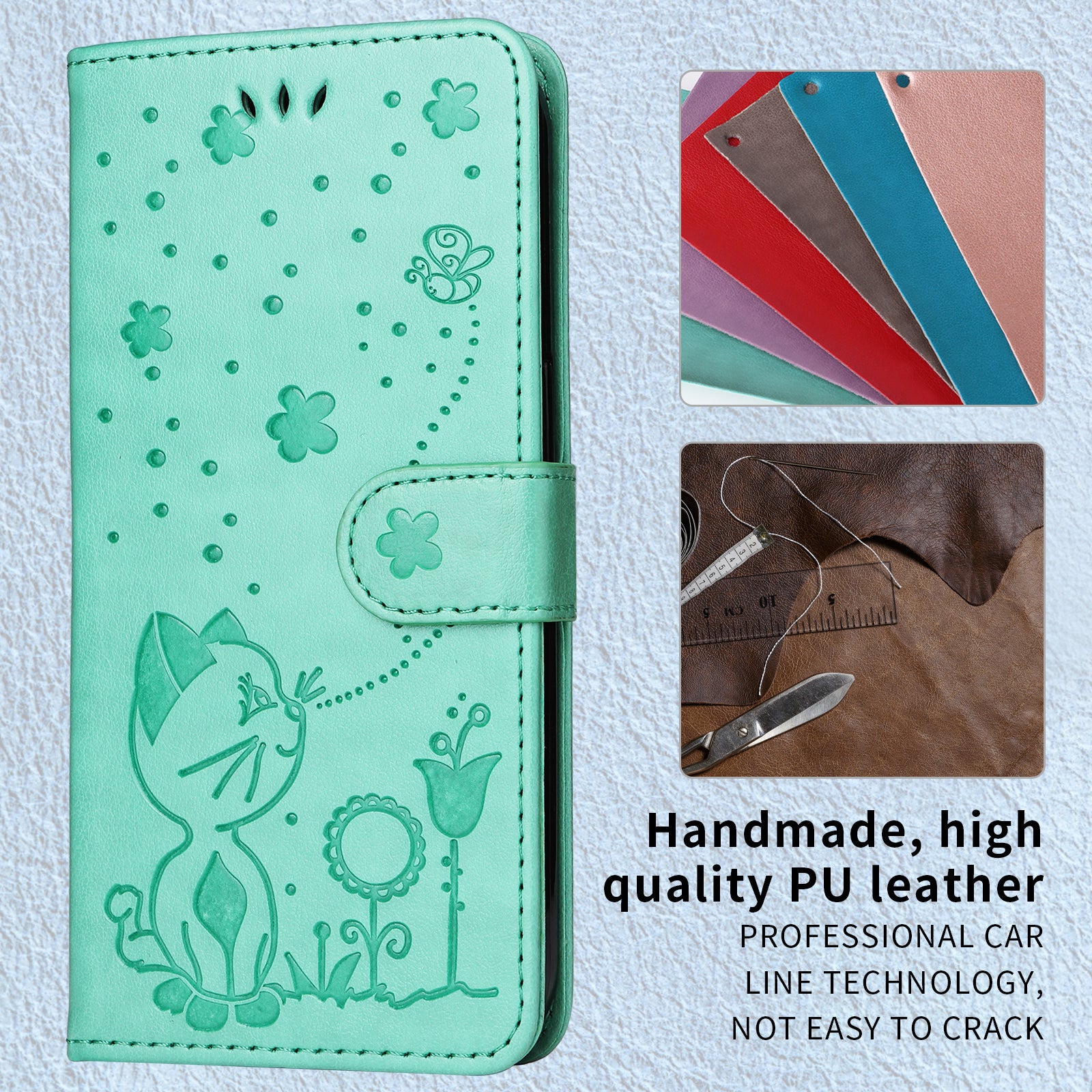 For-Samsung-Galaxy-S26-Edge-Leather-Wallet-Case-Cat-Bee-Pattern-Phone-Cover-Stand-Green