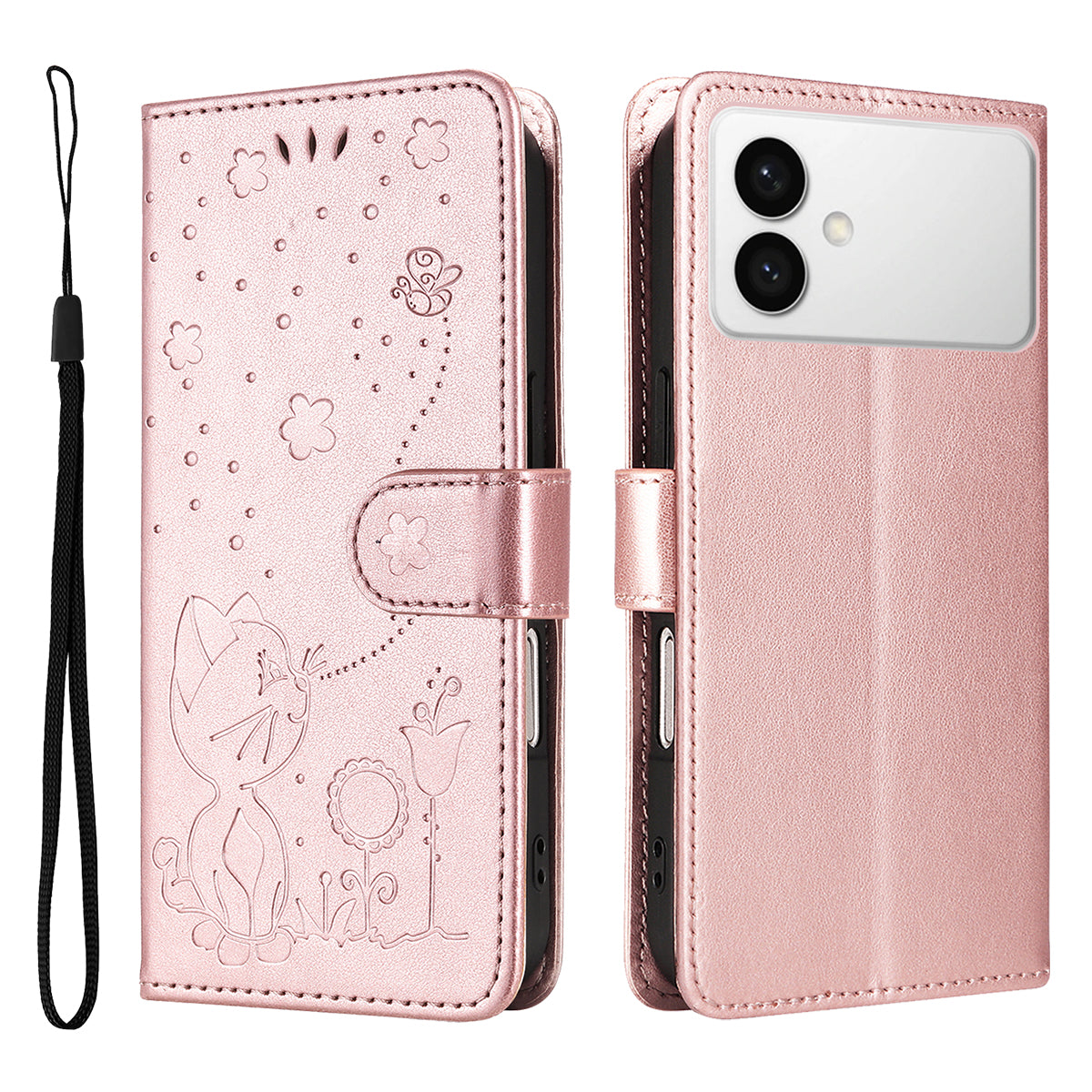 For-Samsung-Galaxy-S26-Edge-Leather-Wallet-Case-Cat-Bee-Pattern-Phone-Cover-Stand-Rose-Gold