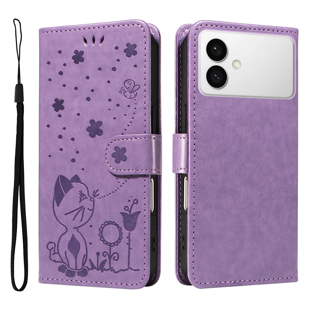 For-Samsung-Galaxy-S26-Edge-Leather-Wallet-Case-Cat-Bee-Pattern-Phone-Cover-Stand-Purple