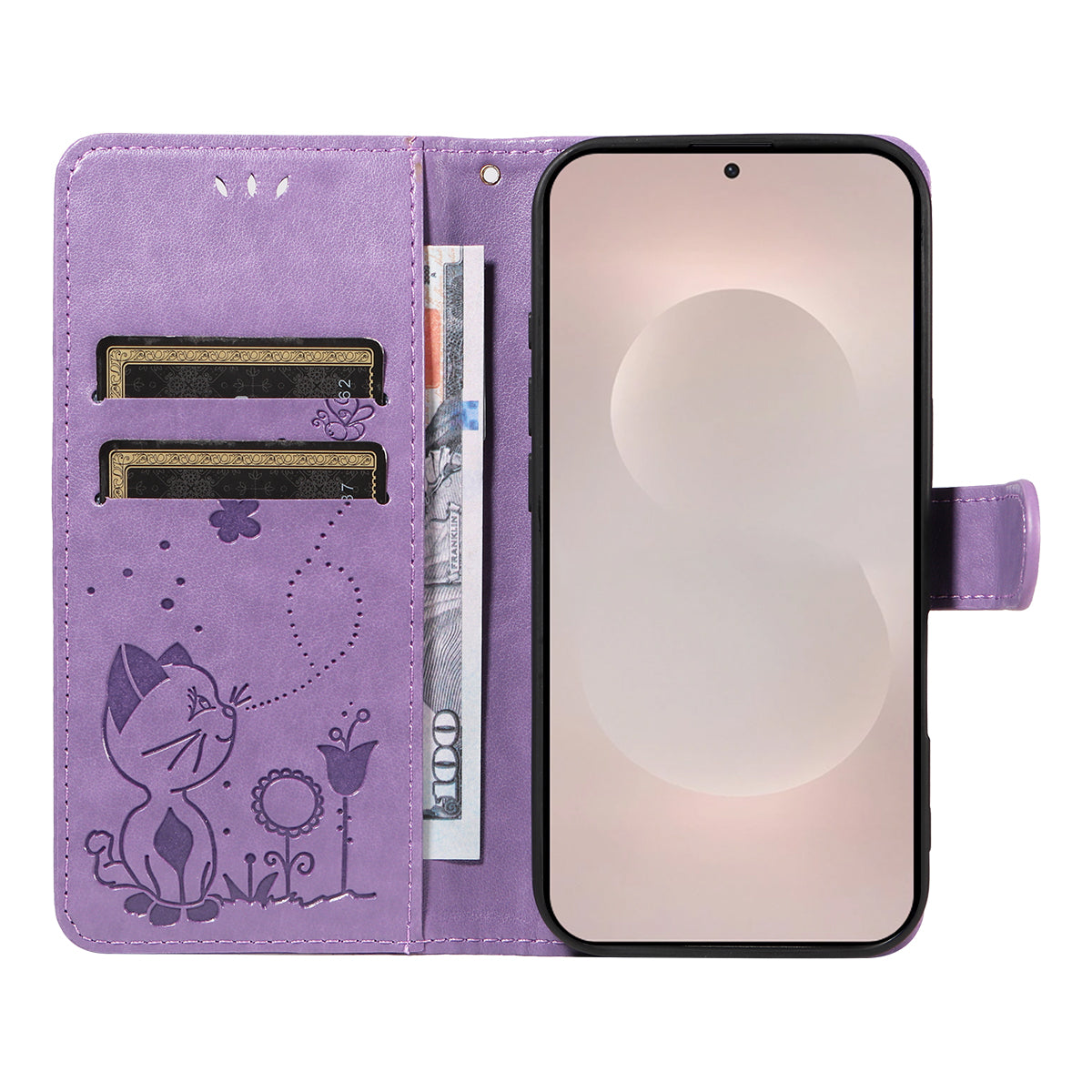 For-Samsung-Galaxy-S26-Edge-Leather-Wallet-Case-Cat-Bee-Pattern-Phone-Cover-Stand-Purple
