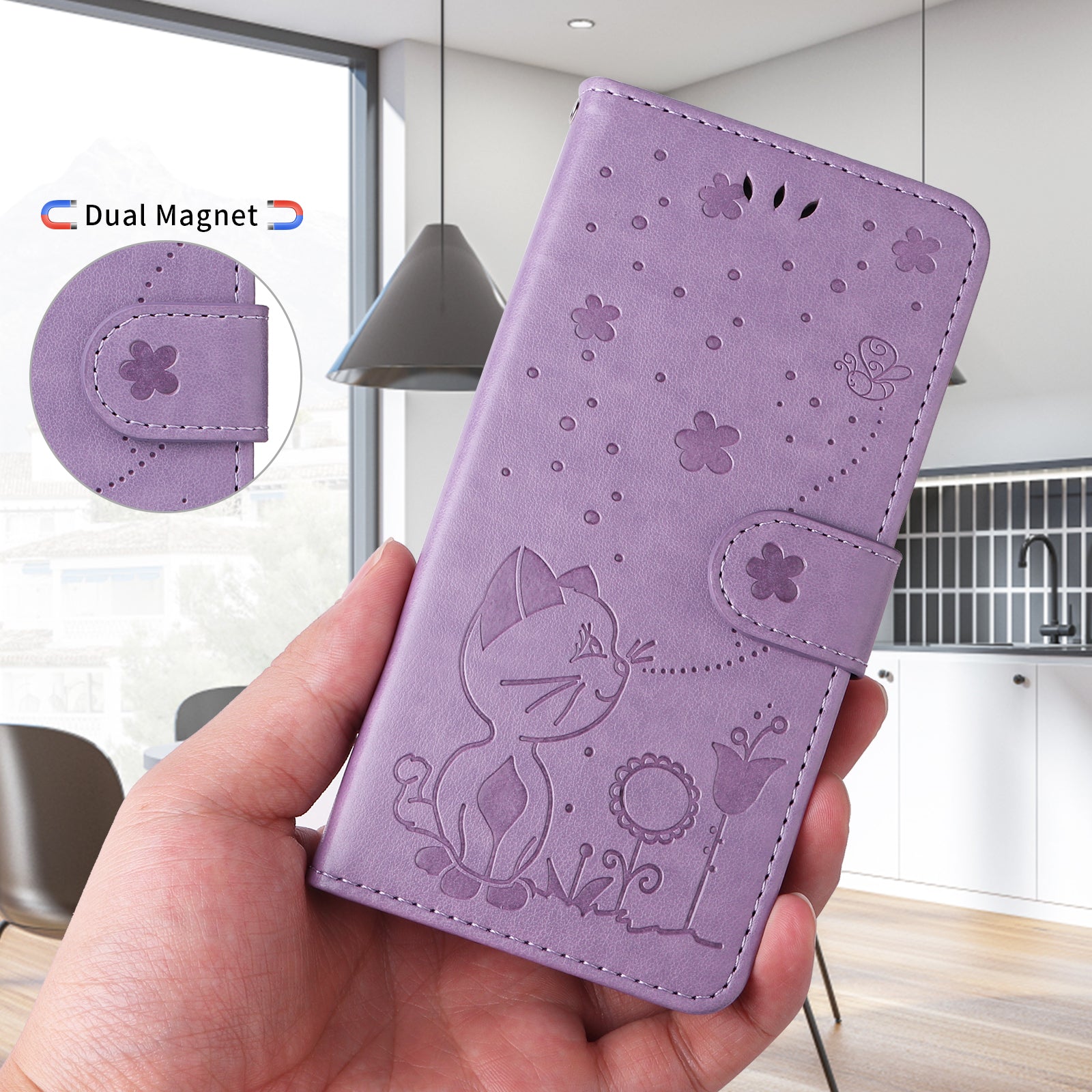 For-Samsung-Galaxy-S26-Edge-Leather-Wallet-Case-Cat-Bee-Pattern-Phone-Cover-Stand-Purple