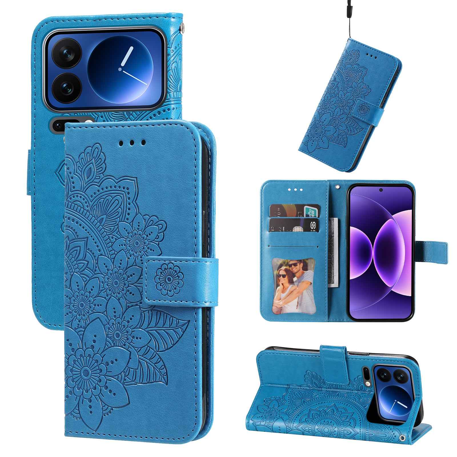 For Xiaomi 17 Pro Case Floral Pattern PU Leather Wallet Stand Phone Cover - Blue