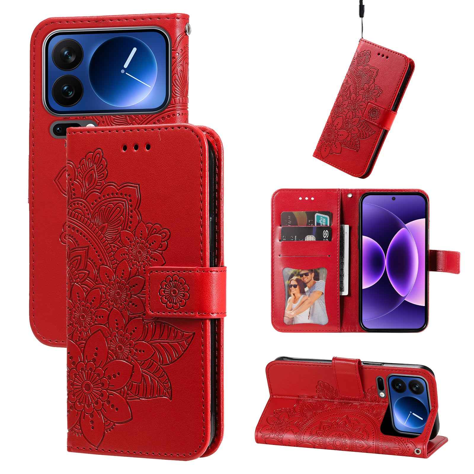 For Xiaomi 17 Pro Case Floral Pattern PU Leather Wallet Stand Phone Cover - Red