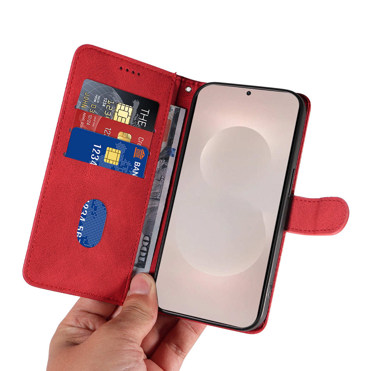 For-Samsung-Galaxy-S26-Edge-Wallet-Case-Leather-Phone-Cover-Stand-with-Curved-Line-Design-Red