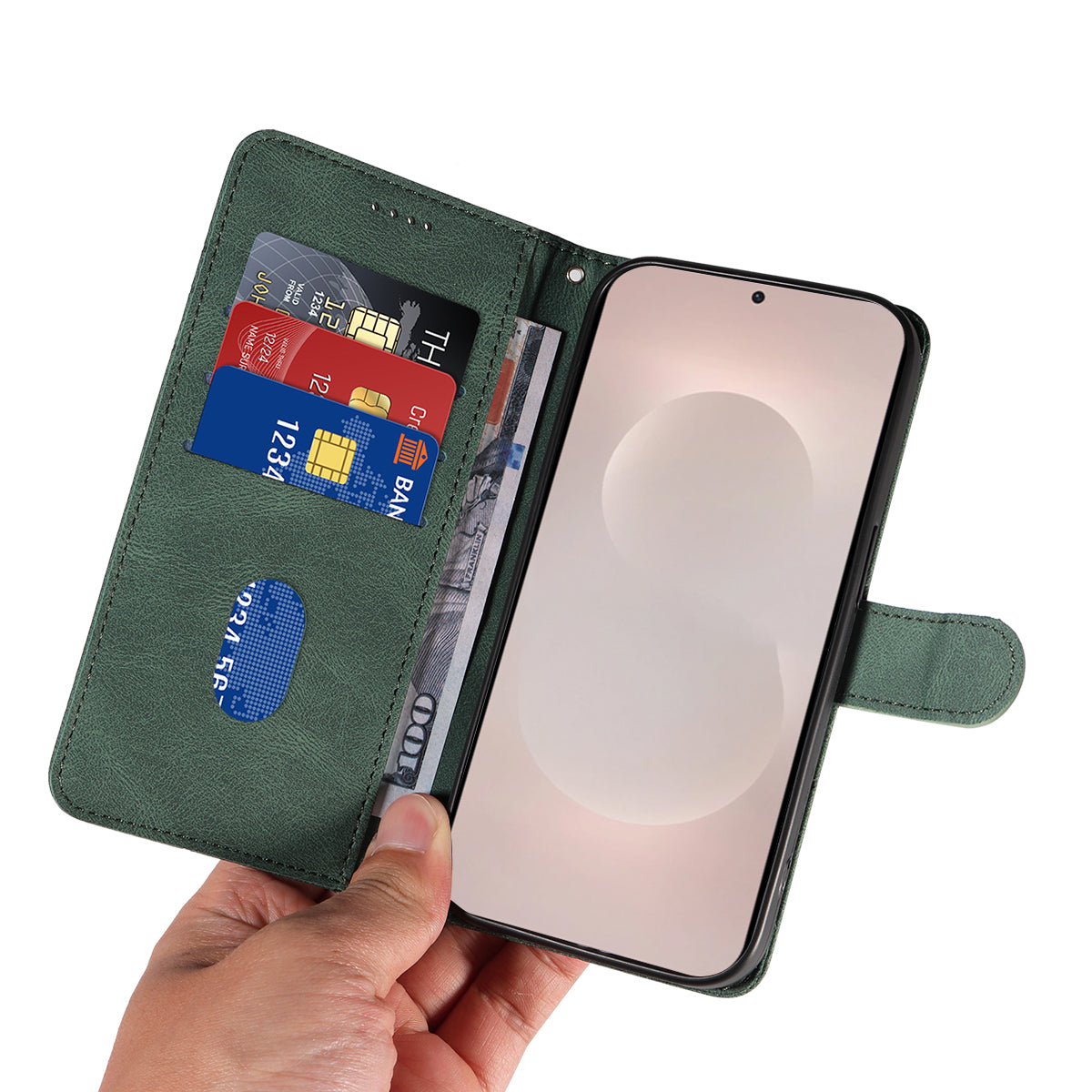 For-Samsung-Galaxy-S26-Edge-Wallet-Case-Leather-Phone-Cover-Stand-with-Curved-Line-Design-Green