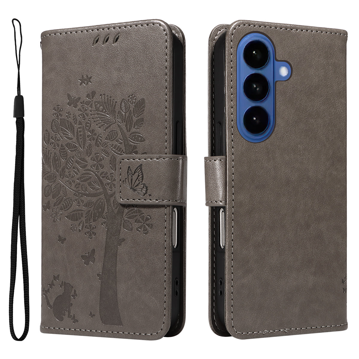 For-Samsung-Galaxy-S26-/-S26-Pro-Phone-Case-with-Stand-Cat-Tree-Pattern-Leather-Wallet-Mobile-Cover-Grey