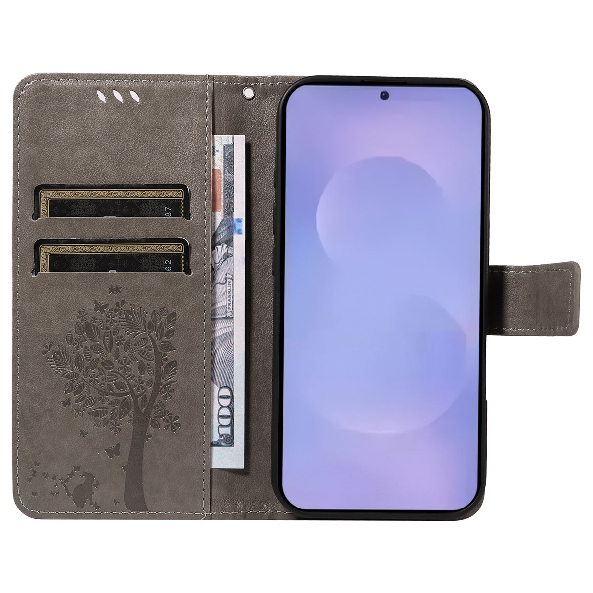 For-Samsung-Galaxy-S26-/-S26-Pro-Phone-Case-with-Stand-Cat-Tree-Pattern-Leather-Wallet-Mobile-Cover-Grey