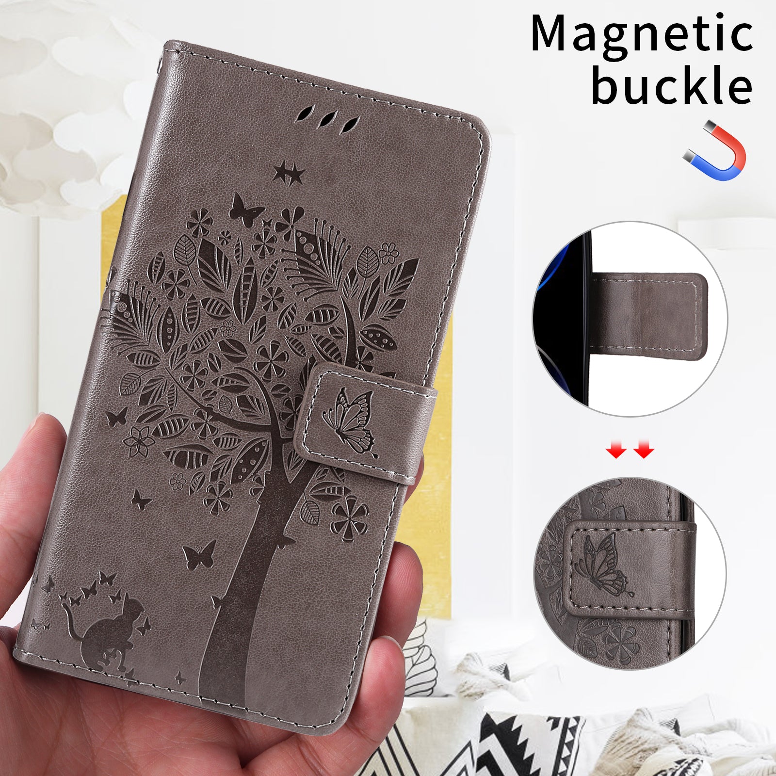 For-Samsung-Galaxy-S26-/-S26-Pro-Phone-Case-with-Stand-Cat-Tree-Pattern-Leather-Wallet-Mobile-Cover-Grey