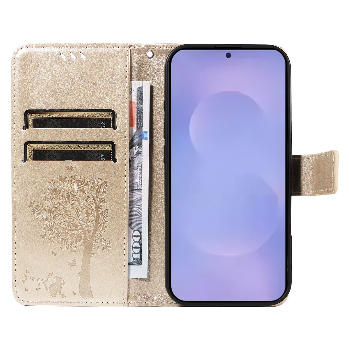 For-Samsung-Galaxy-S26-/-S26-Pro-Phone-Case-with-Stand-Cat-Tree-Pattern-Leather-Wallet-Mobile-Cover-Gold