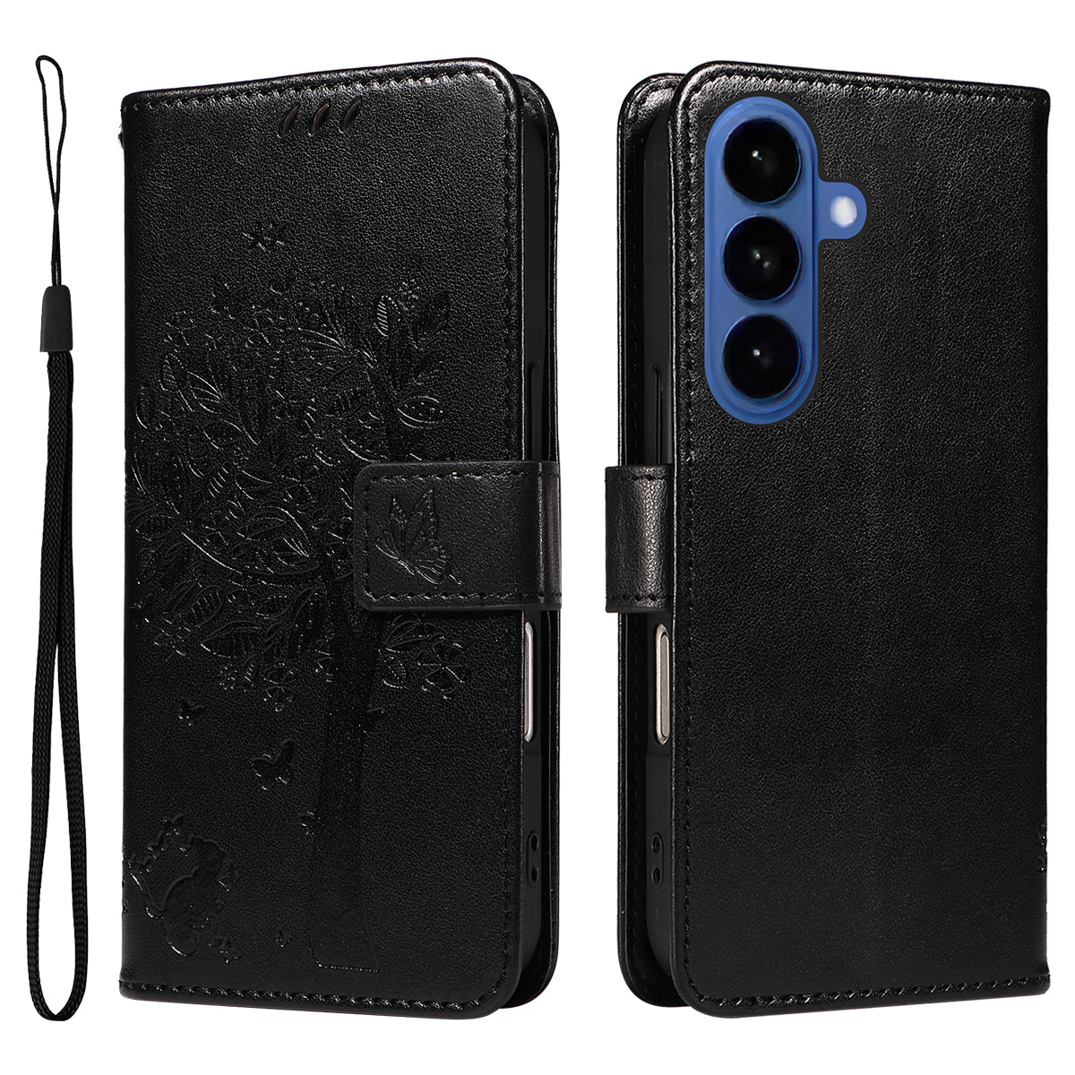 For-Samsung-Galaxy-S26-/-S26-Pro-Phone-Case-with-Stand-Cat-Tree-Pattern-Leather-Wallet-Mobile-Cover-Black