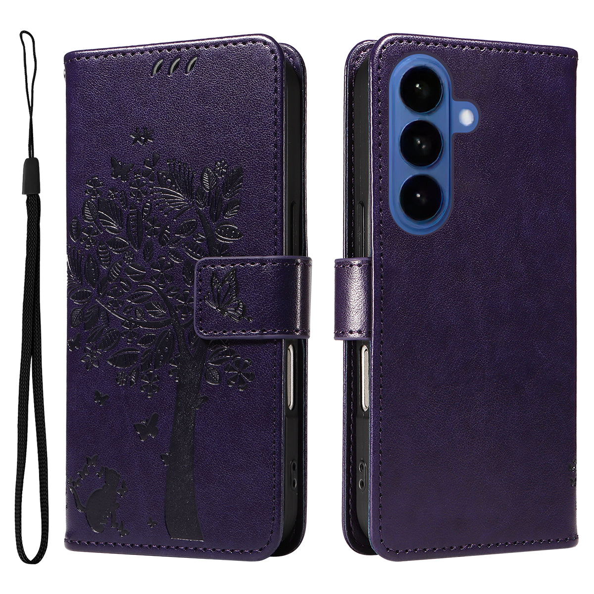 For-Samsung-Galaxy-S26-/-S26-Pro-Phone-Case-with-Stand-Cat-Tree-Pattern-Leather-Wallet-Mobile-Cover-Purple