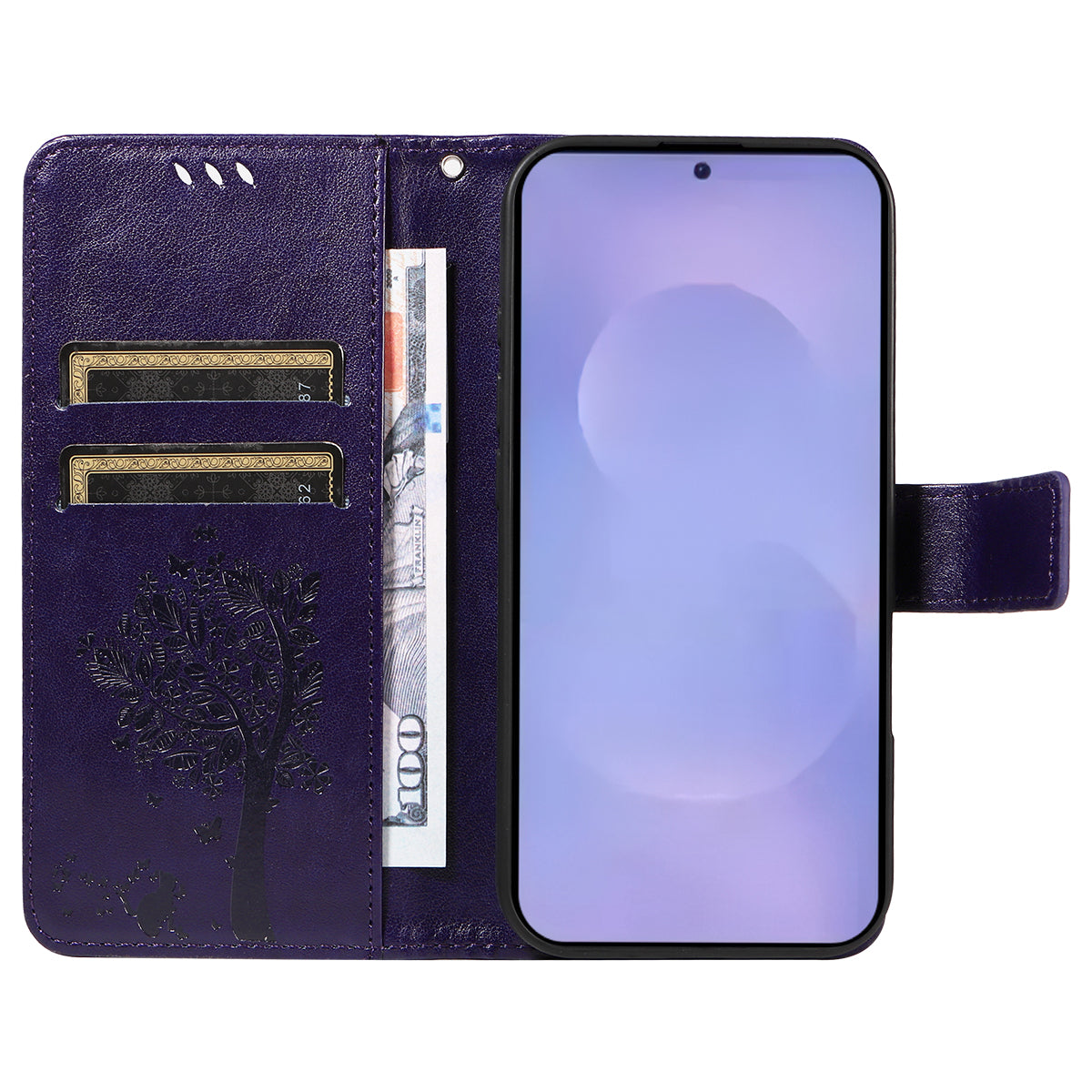 For-Samsung-Galaxy-S26-/-S26-Pro-Phone-Case-with-Stand-Cat-Tree-Pattern-Leather-Wallet-Mobile-Cover-Purple