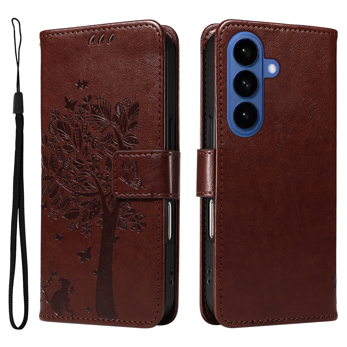 For-Samsung-Galaxy-S26-/-S26-Pro-Phone-Case-with-Stand-Cat-Tree-Pattern-Leather-Wallet-Mobile-Cover-Coffee