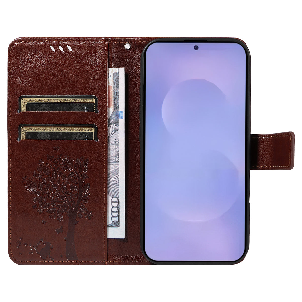 For-Samsung-Galaxy-S26-/-S26-Pro-Phone-Case-with-Stand-Cat-Tree-Pattern-Leather-Wallet-Mobile-Cover-Coffee