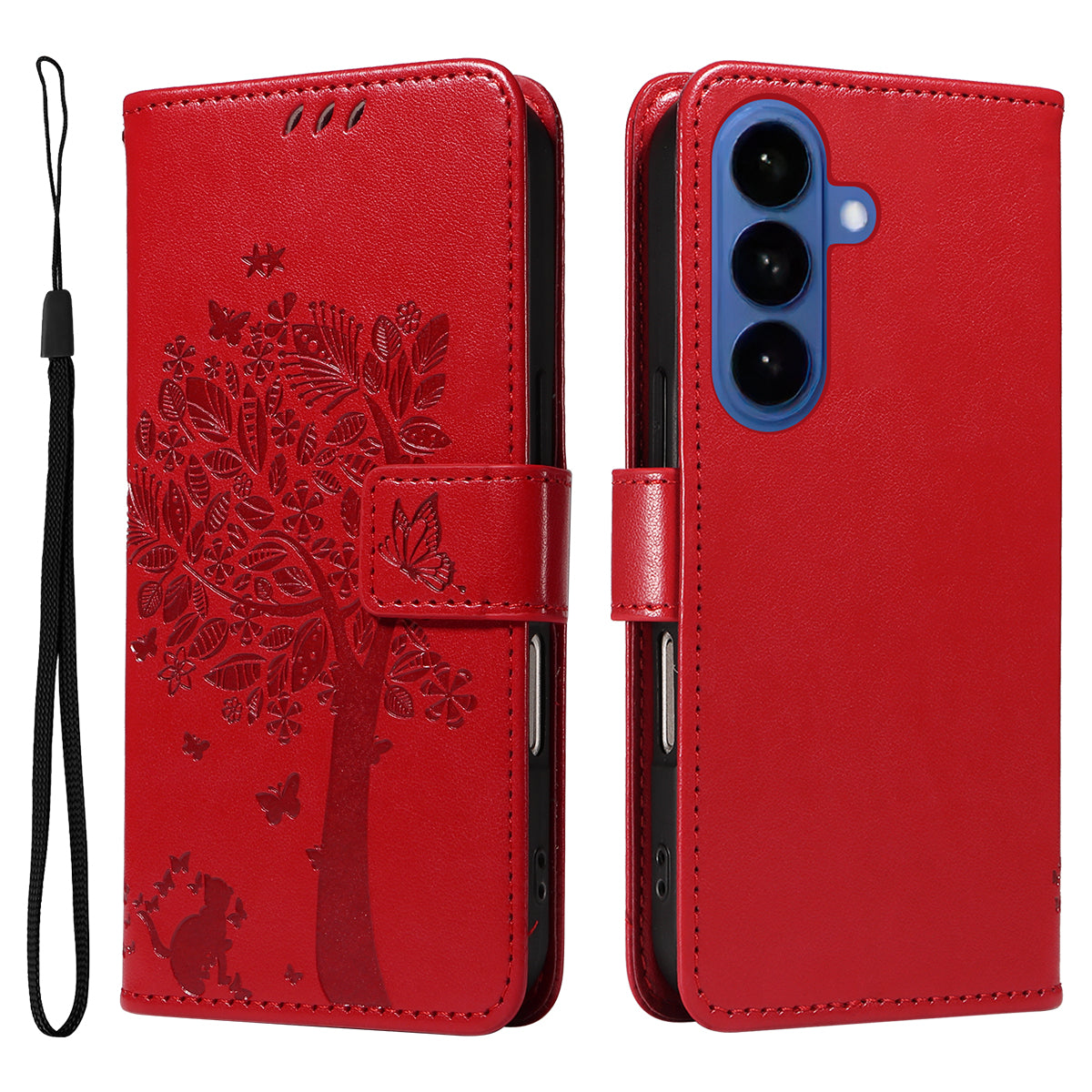 For-Samsung-Galaxy-S26-/-S26-Pro-Phone-Case-with-Stand-Cat-Tree-Pattern-Leather-Wallet-Mobile-Cover-Red