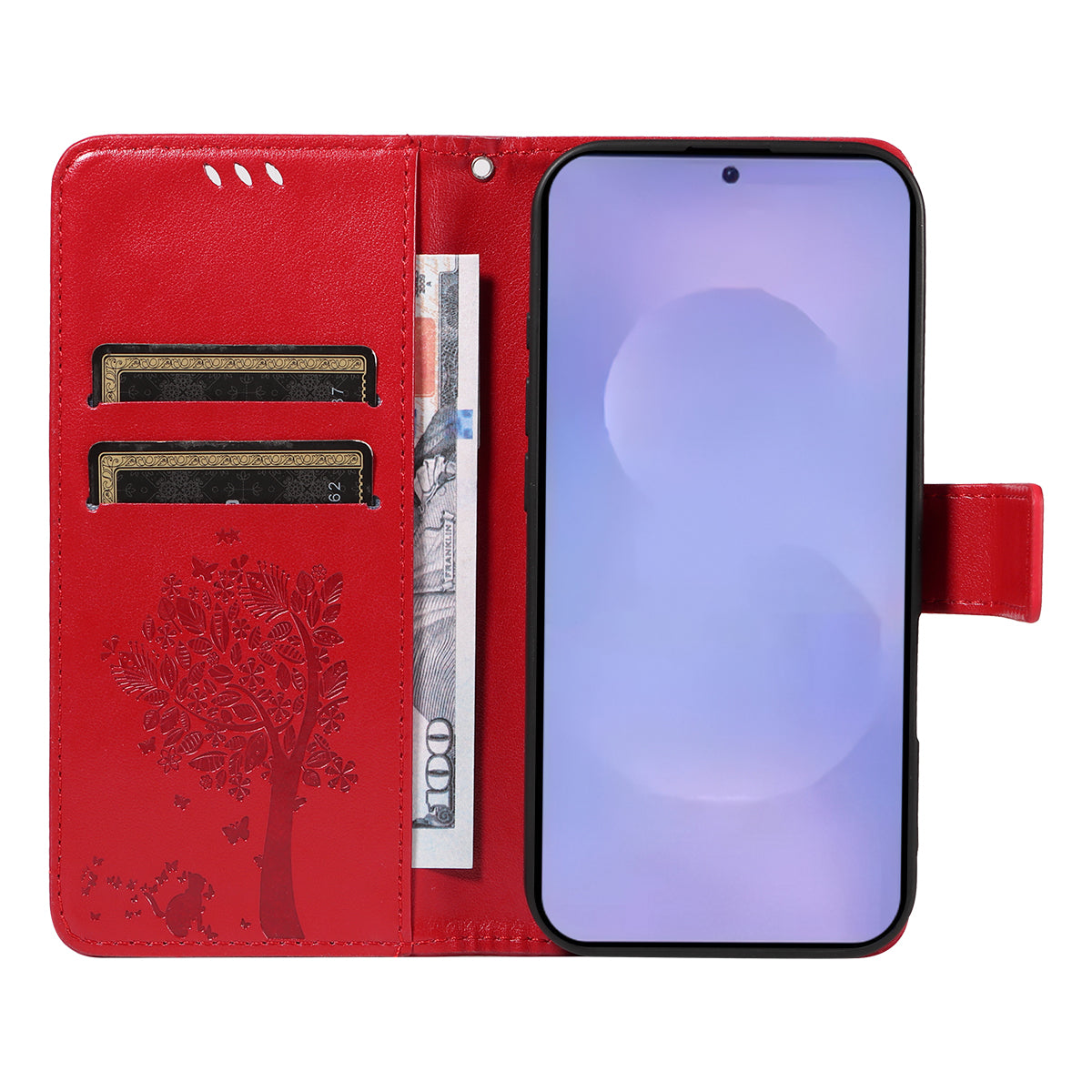 For-Samsung-Galaxy-S26-/-S26-Pro-Phone-Case-with-Stand-Cat-Tree-Pattern-Leather-Wallet-Mobile-Cover-Red