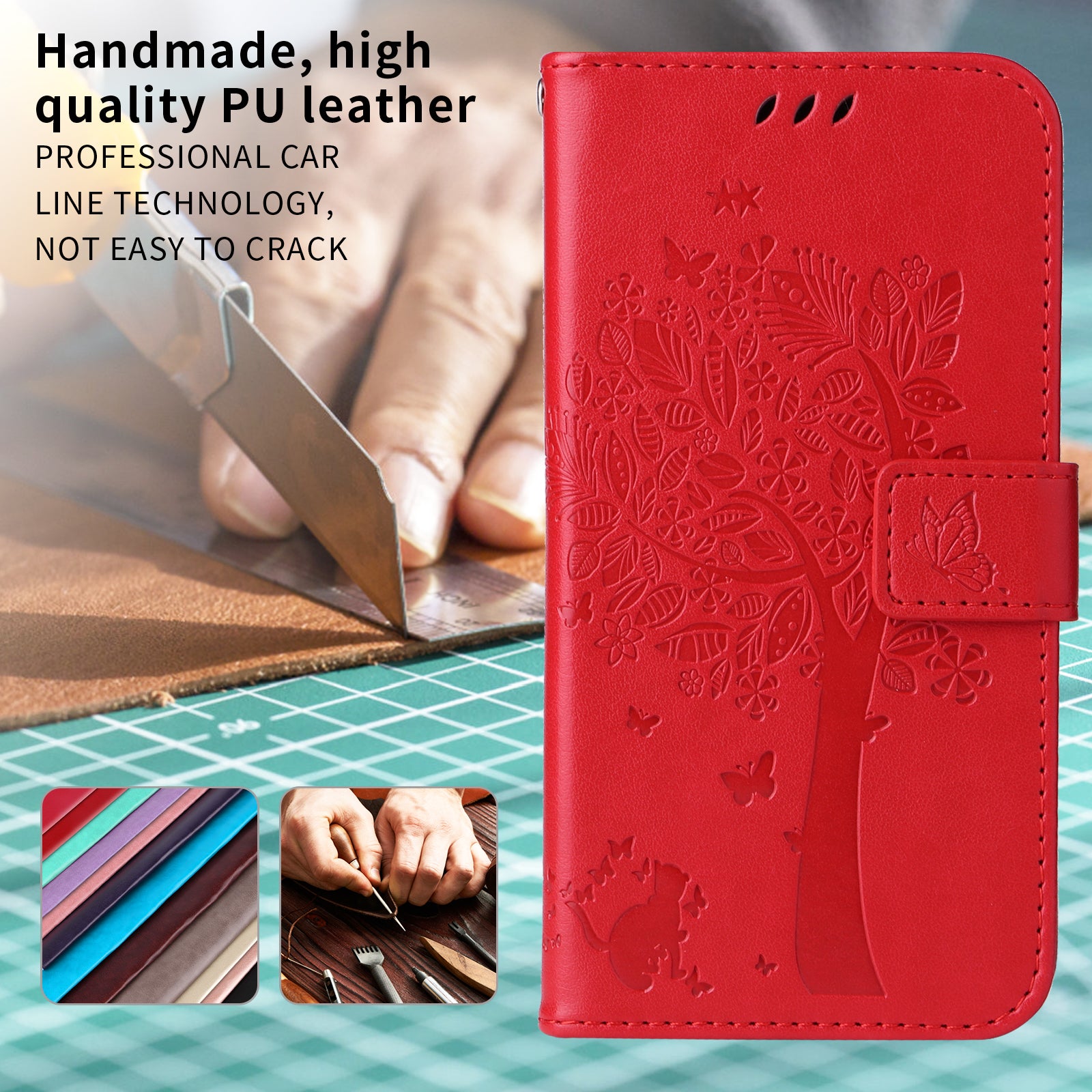 For-Samsung-Galaxy-S26-/-S26-Pro-Phone-Case-with-Stand-Cat-Tree-Pattern-Leather-Wallet-Mobile-Cover-Red