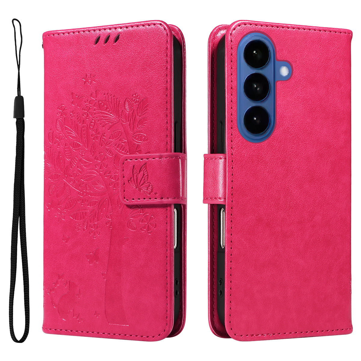 For-Samsung-Galaxy-S26-/-S26-Pro-Phone-Case-with-Stand-Cat-Tree-Pattern-Leather-Wallet-Mobile-Cover-Rose
