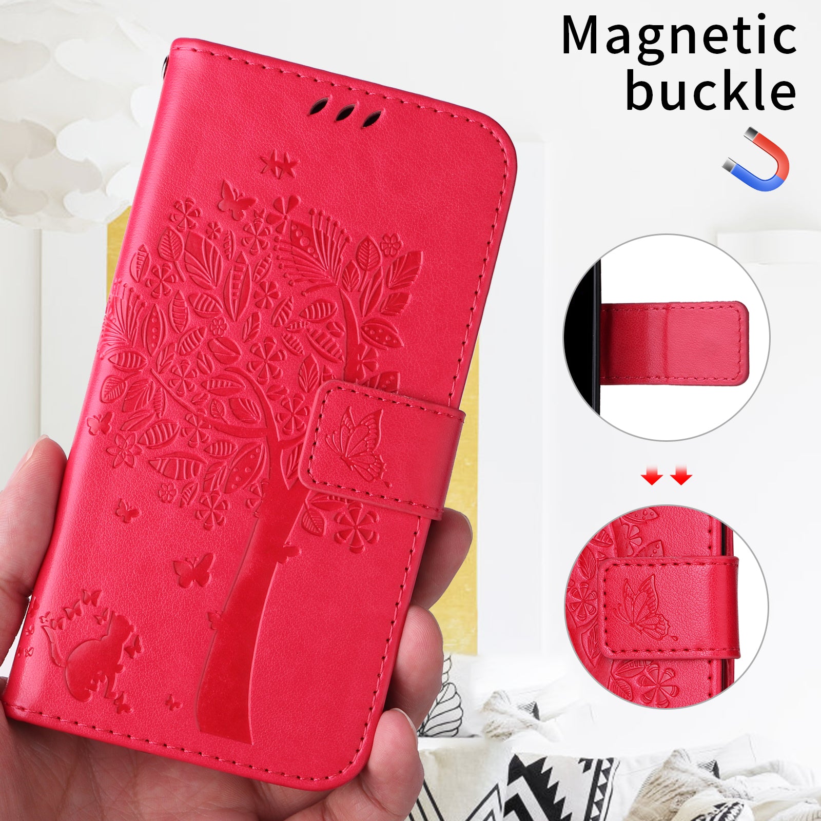 For-Samsung-Galaxy-S26-/-S26-Pro-Phone-Case-with-Stand-Cat-Tree-Pattern-Leather-Wallet-Mobile-Cover-Rose