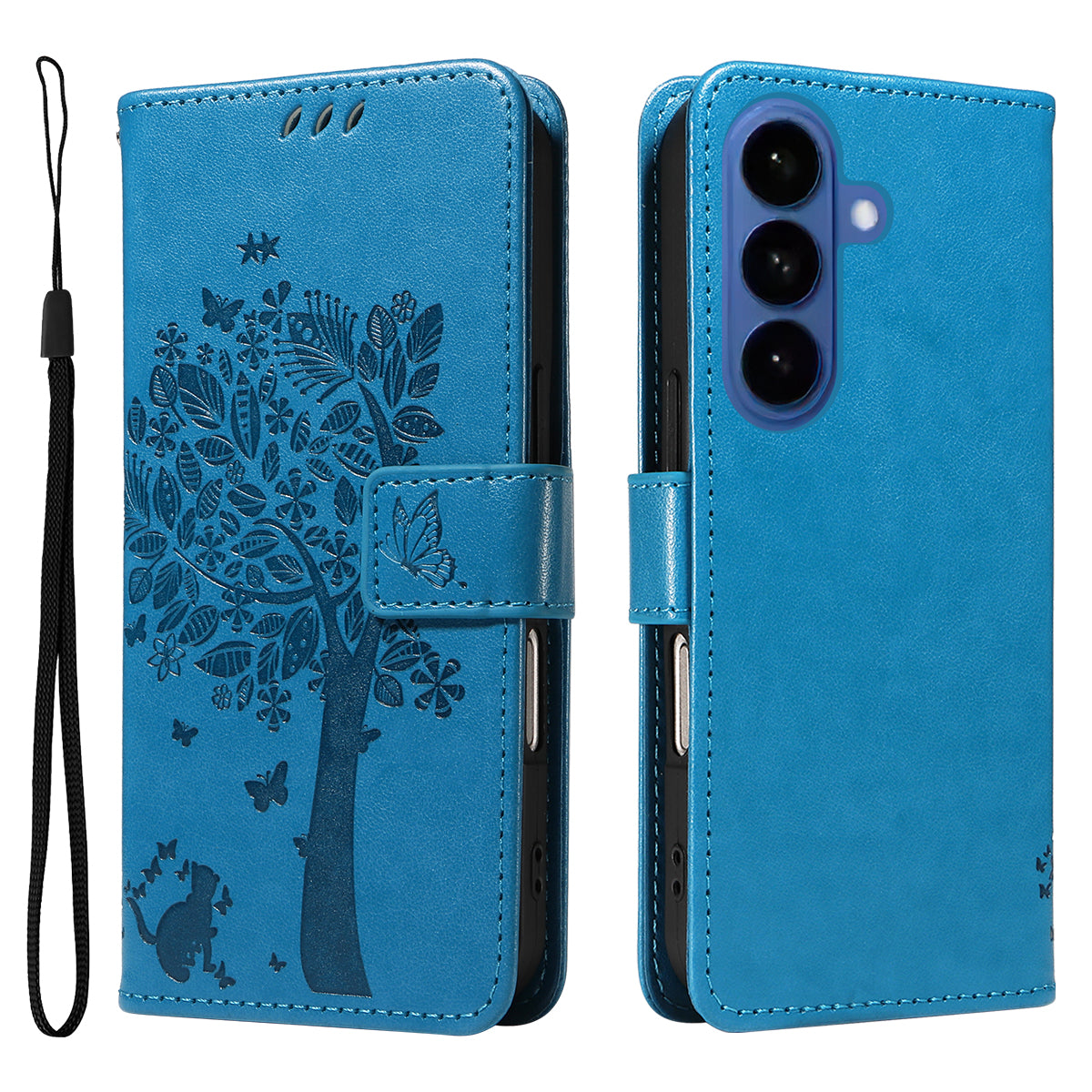 For-Samsung-Galaxy-S26-/-S26-Pro-Phone-Case-with-Stand-Cat-Tree-Pattern-Leather-Wallet-Mobile-Cover-Blue