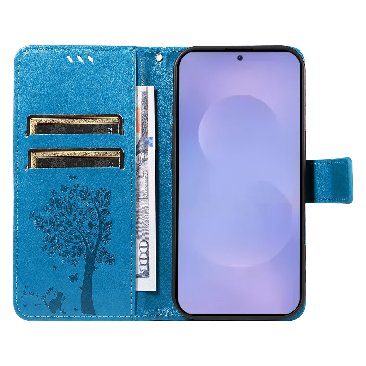 For-Samsung-Galaxy-S26-/-S26-Pro-Phone-Case-with-Stand-Cat-Tree-Pattern-Leather-Wallet-Mobile-Cover-Blue