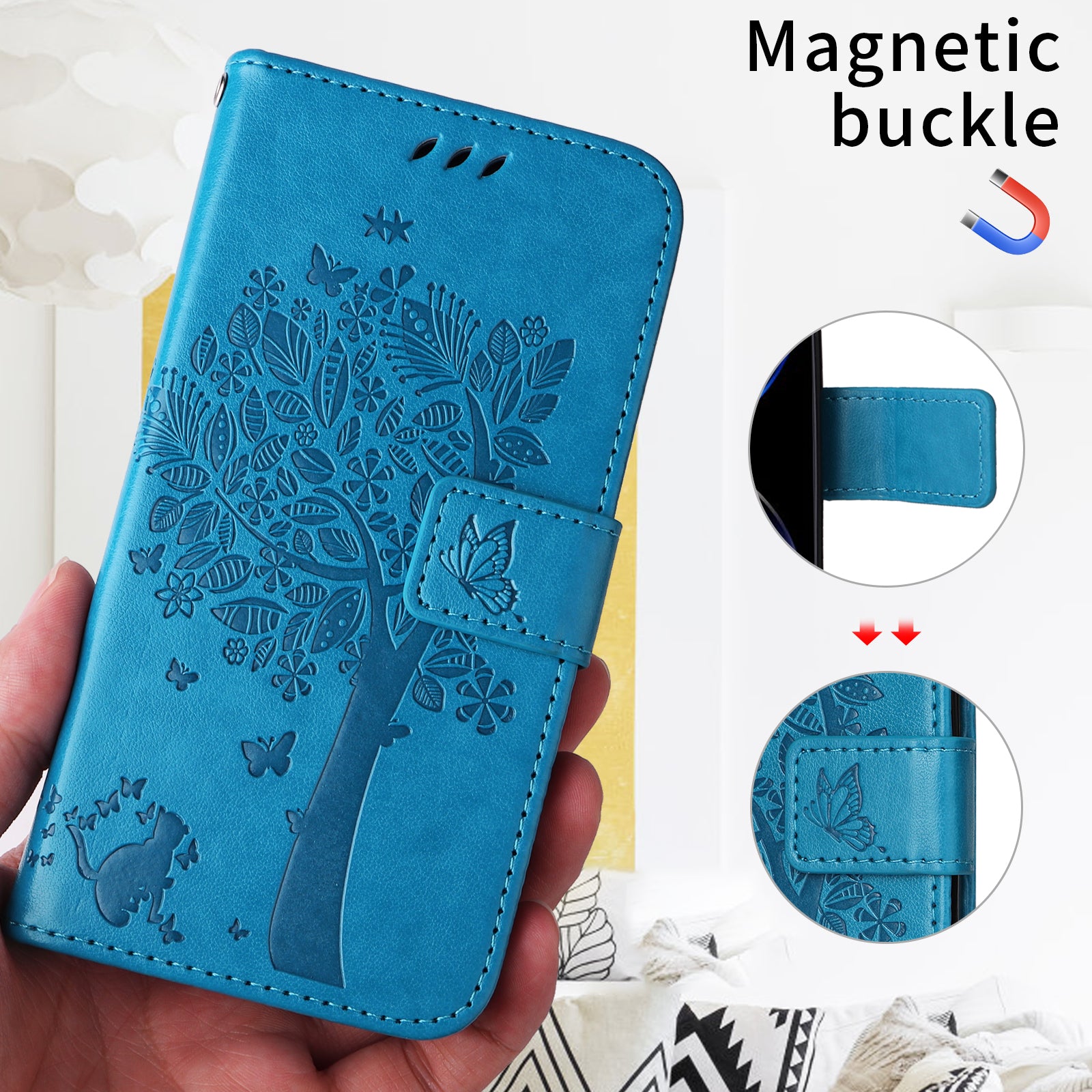 For-Samsung-Galaxy-S26-/-S26-Pro-Phone-Case-with-Stand-Cat-Tree-Pattern-Leather-Wallet-Mobile-Cover-Blue