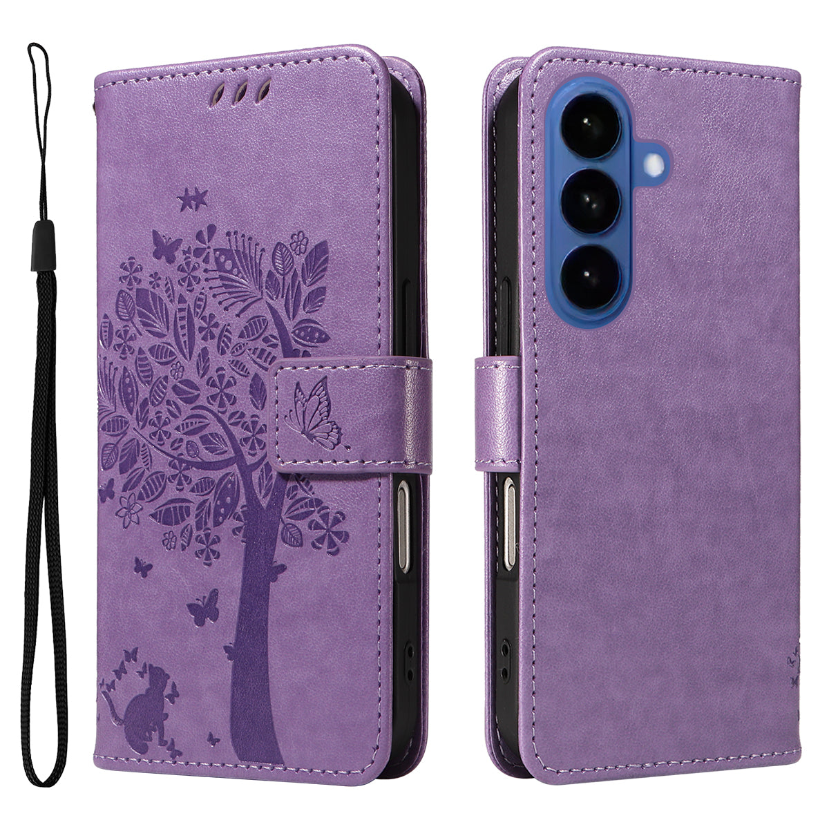 For-Samsung-Galaxy-S26-/-S26-Pro-Phone-Case-with-Stand-Cat-Tree-Pattern-Leather-Wallet-Mobile-Cover-Light-Purple