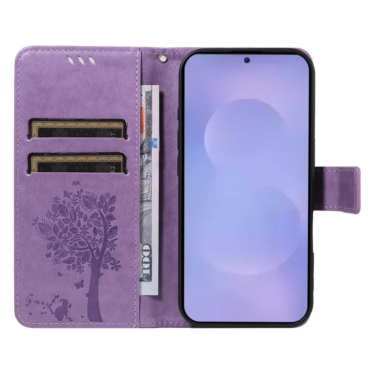 For-Samsung-Galaxy-S26-/-S26-Pro-Phone-Case-with-Stand-Cat-Tree-Pattern-Leather-Wallet-Mobile-Cover-Light-Purple